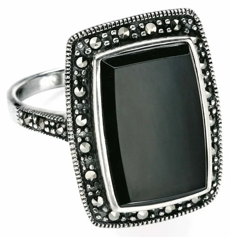 Bague art déco  nuit scintillante  en argent 925, onyx et marcassites