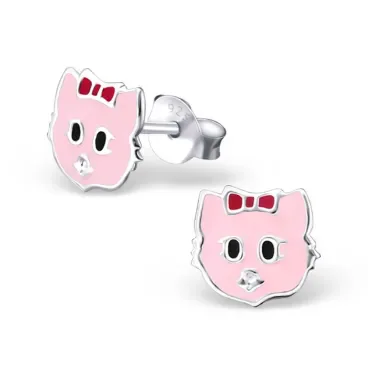 Boucle d'oreille chat rose en argent