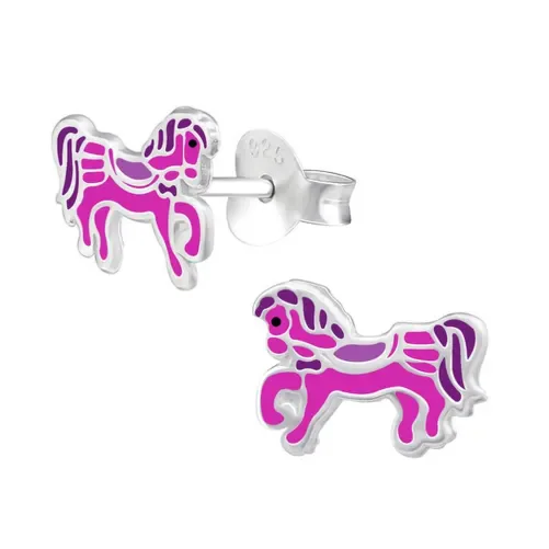 Boucles d oreilles cheval  galop magique  en argent 925 cristal rose pour enfant