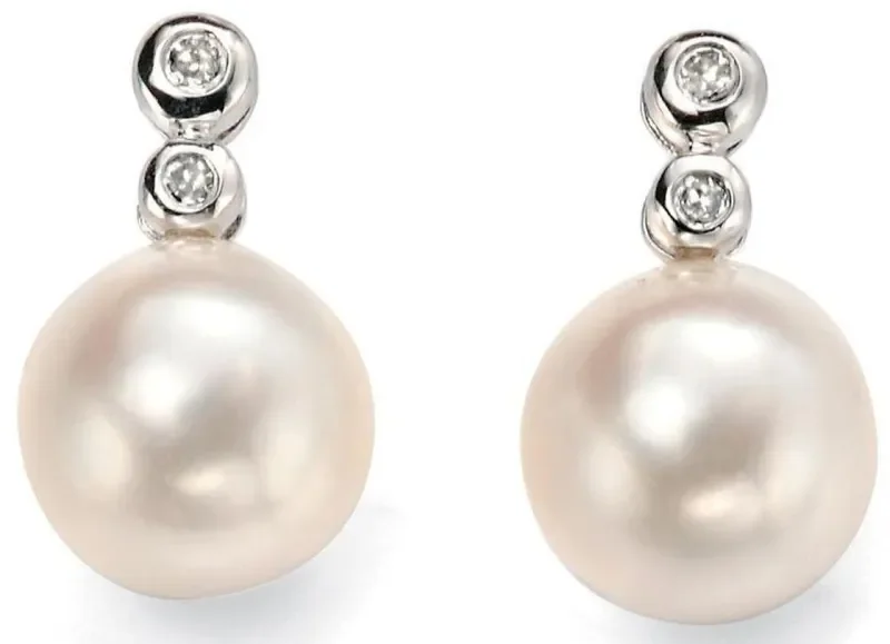 Boucles d oreilles boucles or blanc, perle de culture et diamant