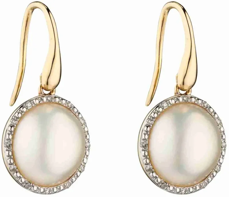 Boucles d oreilles boucles perle de culture, diamant et or jaune 9k