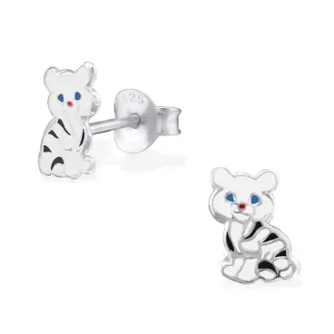 Mon-bijou - H2034 - Boucle d'oreille petit tigre blanc en argent 925/1000