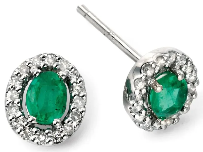 Boucles d oreilles émeraude et diamants en or blanc 9 carats
