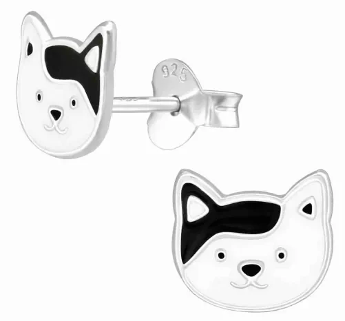 Mon-bijou - H39086 - Boucle d'oreille chat blanc et noir en argent 925/1000