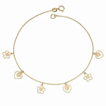 Bracelet femme or jaune 9 carats  doux poème  - fleurs et cœurs