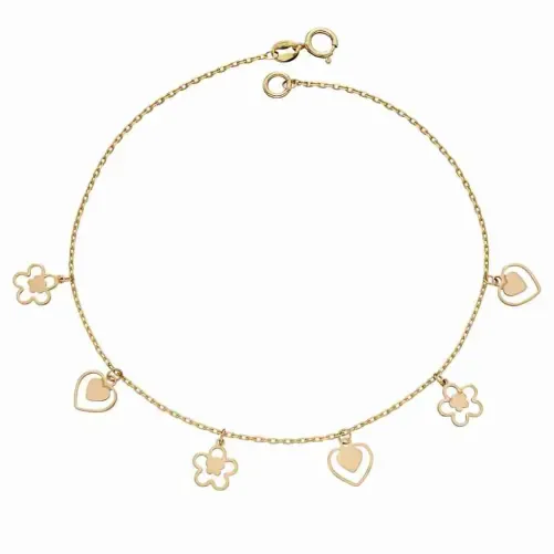 Bracelet femme or jaune 9 carats  doux poème  - fleurs et cœurs