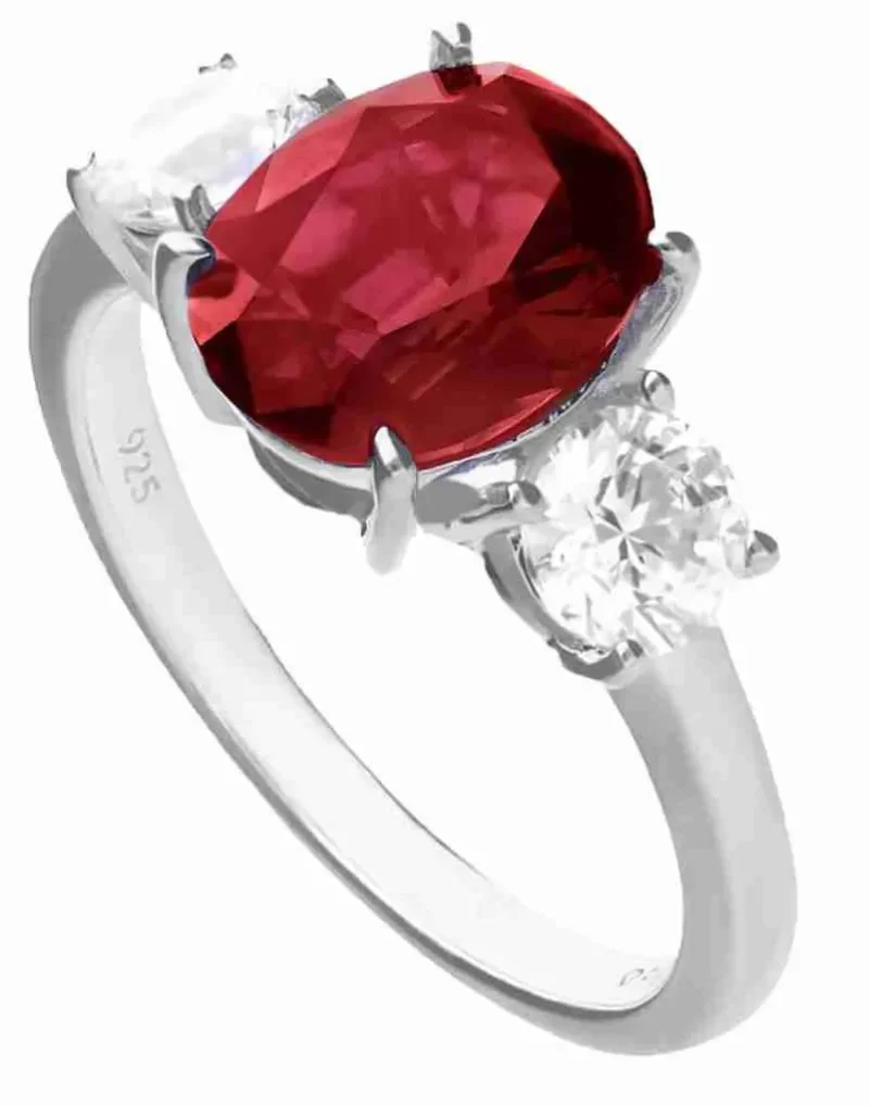 Bague  éclat rubis  argent 925  solitaire zirconium rouge et halo brillant
