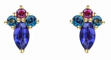 Boucles d'oreilles pendantes trilogie en or 375 carats avec pierres violettes, bleues et roses.