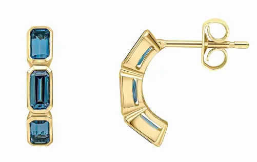 Boucles d'oreilles rectangulaires en or jaune 375 carats avec topazes bleues.