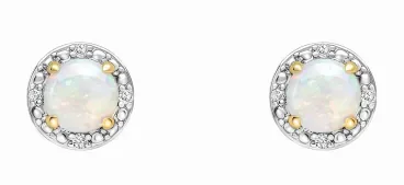 Boucles d'oreilles puces en or blanc 375 carats serties d'opales irisées et de petits diamants.