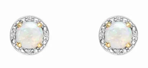 Boucles d'oreilles puces en or blanc 375 carats serties d'opales irisées et de petits diamants.