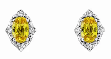 Boucles d'oreilles de luxe en or jaune 375 carats avec saphir jaune central et entourage diamants.