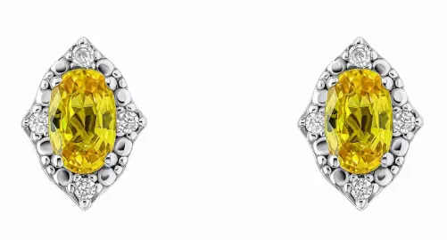 Boucles d'oreilles de luxe en or jaune 375 carats avec saphir jaune central et entourage diamants.