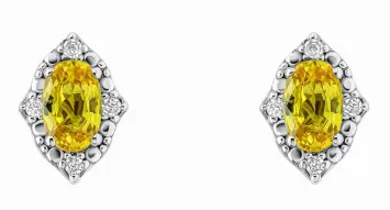 Boucles d'oreilles de luxe en or jaune 375 carats avec saphir jaune central et entourage diamants.