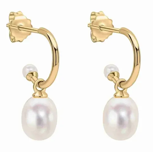 Boucles d'oreilles pendantes en or jaune 375 carats avec perles de culture blanches véritables.