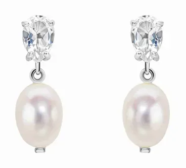 Paire de boucles d'oreilles en or blanc 375 carats avec pendentif topaze bleue facettée et perle d'eau douce.