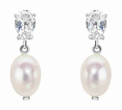 Paire de boucles d'oreilles en or blanc 375 carats avec pendentif topaze bleue facettée et perle d'eau douce.