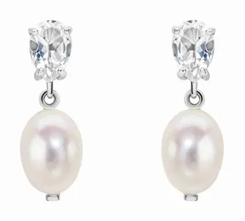 Paire de boucles d'oreilles en or blanc 375 carats avec pendentif topaze bleue facettée et perle d'eau douce.