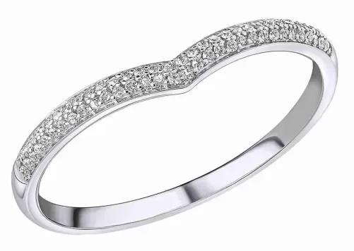Bague pour femme en or blanc 375 massif en forme de V sertie de petits diamants blancs brillants.