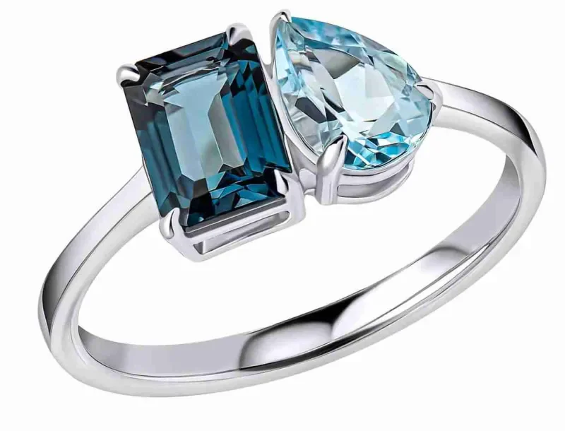 Bague topaze bleue marine et bleue ciel en or blanc 375 bijou femme élégant