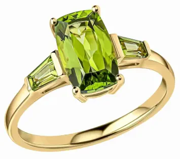 Bague pour femme en or jaune 375 massif sertie d'un péridot vert naturel facetté brillant.
