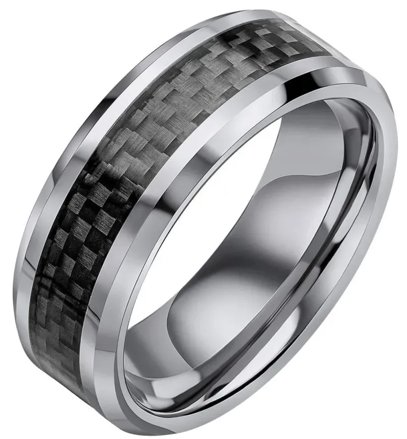 Bague tungstène avec incrustation en fibre de carbone noire pour homme