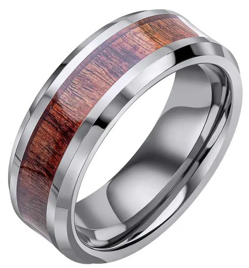 Bague en tungstène avec incrustation en bois brun pour homme