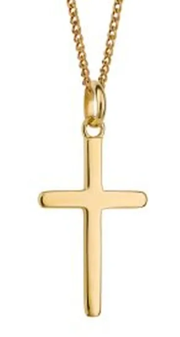 Collier unisexe avec pendentif croix classique en argent massif 925 plaqué or jaune 18 carats sur une chaîne fine.