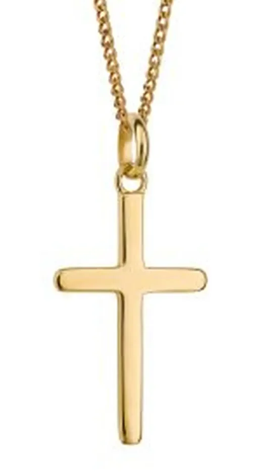 Collier unisexe avec pendentif croix classique en argent massif 925 plaqué or jaune 18 carats sur une chaîne fine.