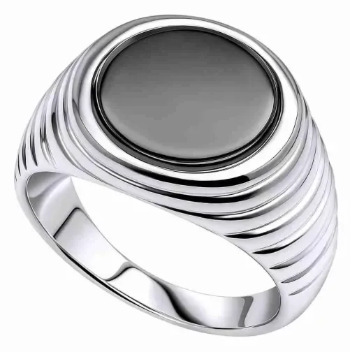 Bague chevalière unisexe en argent massif 925 avec plateau rectangulaire serti d'une pierre d'onyx noir lisse.