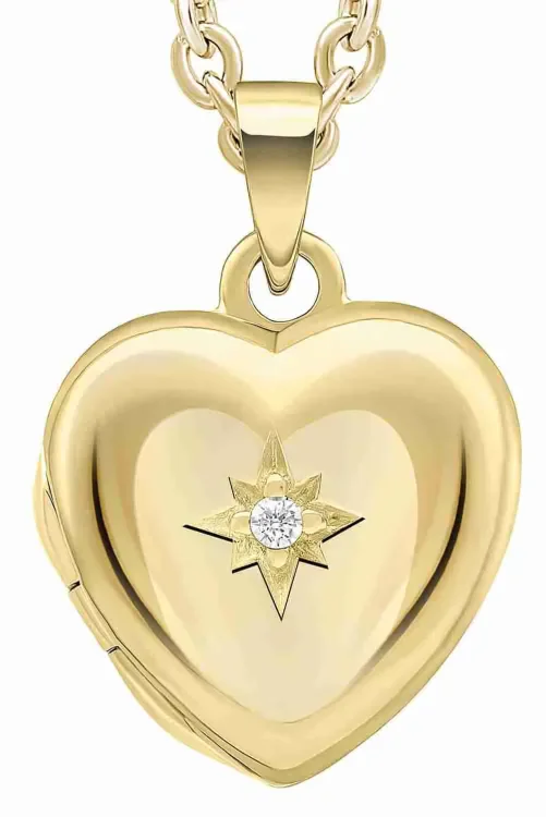 Collier pour femme en argent 925 plaqué or avec médaillon ouvrant en forme de cœur gravé d'une étoile porte-photo.
