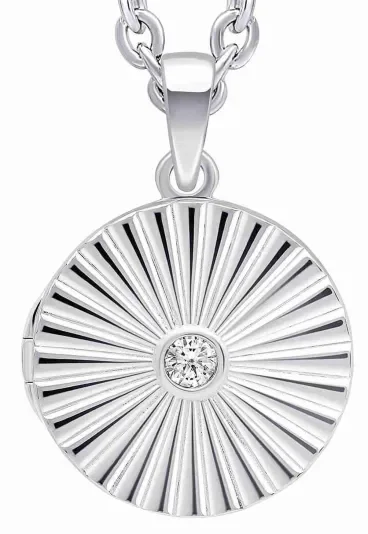 Collier pour femme en argent massif 925 avec médaillon ouvrant porte-photo gravé d'un motif soleil.