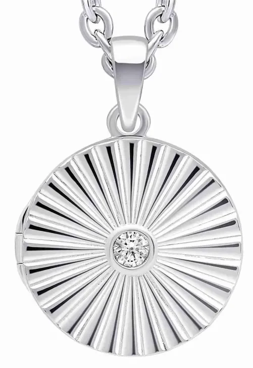 Collier pour femme en argent massif 925 avec médaillon ouvrant porte-photo gravé d'un motif soleil.