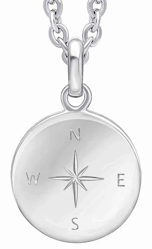 Collier pour femme en argent massif 925 avec pendentif disque gravé motif boussole rose des vents.