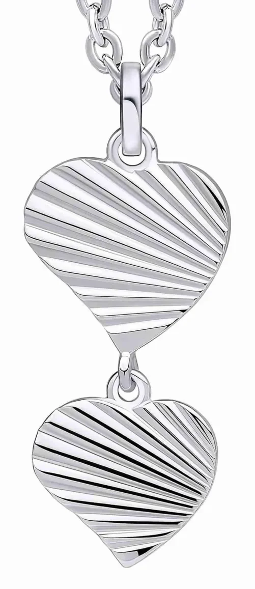 Collier pour femme en argent massif 925 avec pendentif deux cœurs entrelacés finition coupe diamant scintillante.