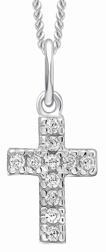 Pendentif croix religieuse en argent 925 massif serti de pierres de zirconium brillantes sur une chaîne fine pour femme.