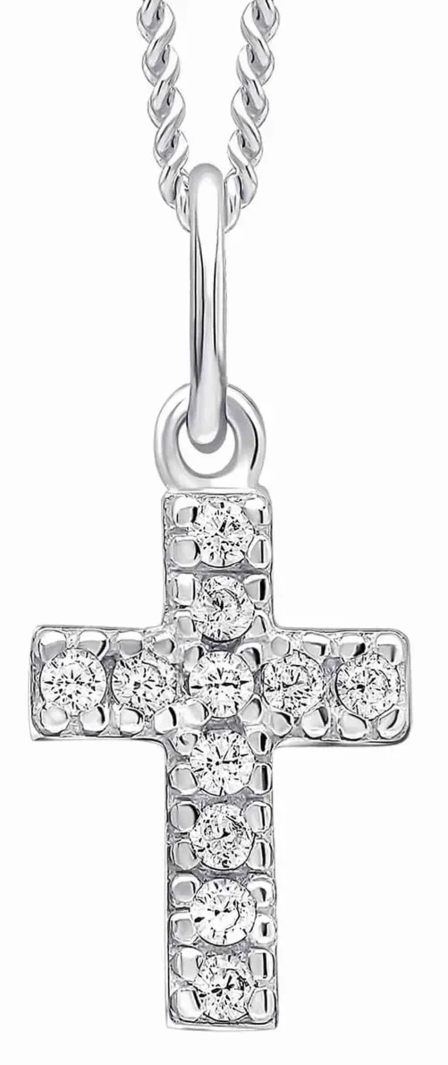 Pendentif croix religieuse en argent 925 massif serti de pierres de zirconium brillantes sur une chaîne fine pour femme.
