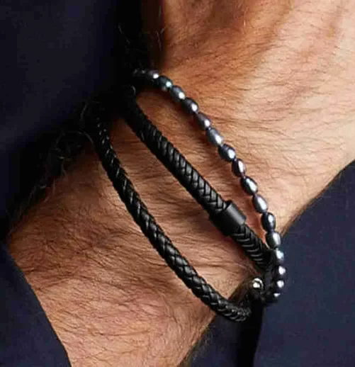 Bracelet homme acier et cuir noir