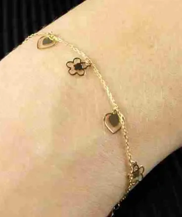 Bracelet femme or jaune 9 carats  doux poème  - fleurs et cœurs