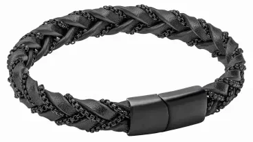 Bracelet pour homme en cuir véritable noir tressé avec fermoir magnétique en acier inoxydable