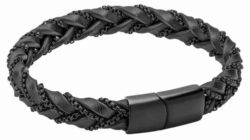 Bracelet pour homme en cuir véritable noir tressé avec fermoir magnétique en acier inoxydable